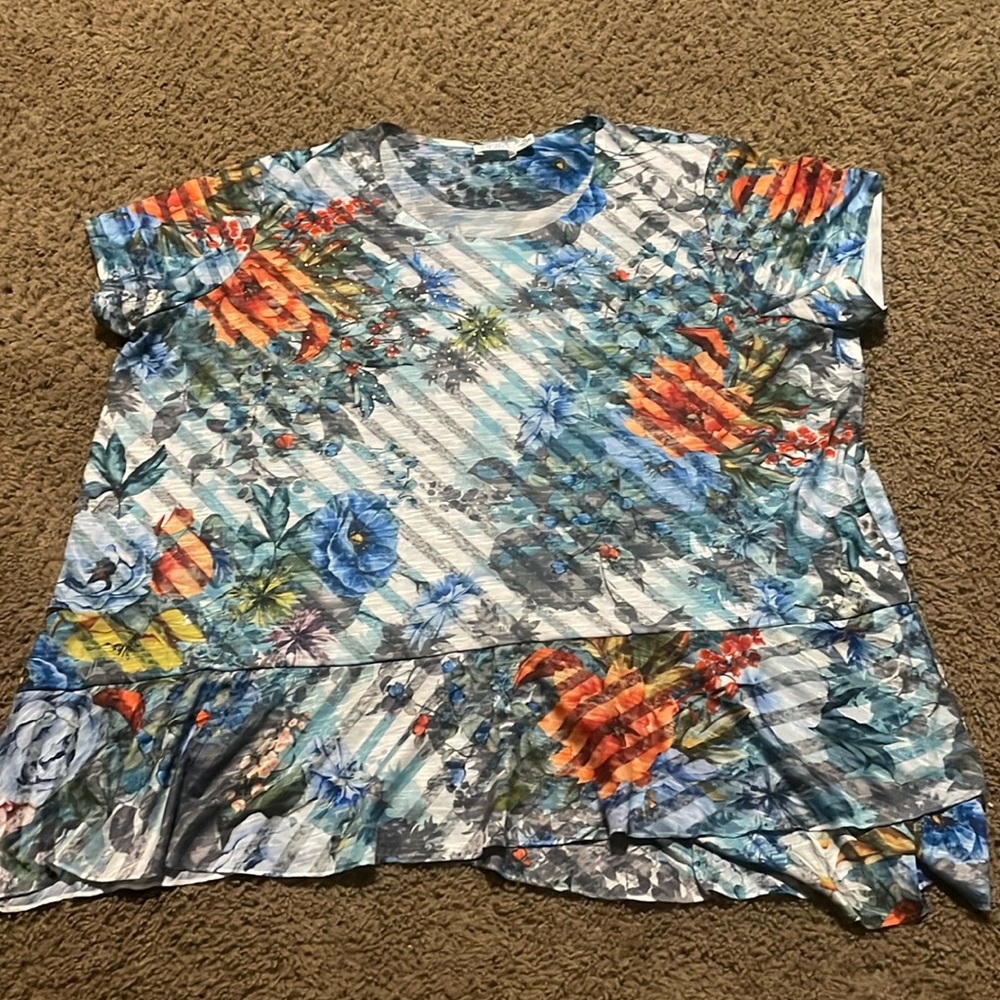 Time & Tru ladies blue & orange floral print short sleeve top Sz 1X (16-18)